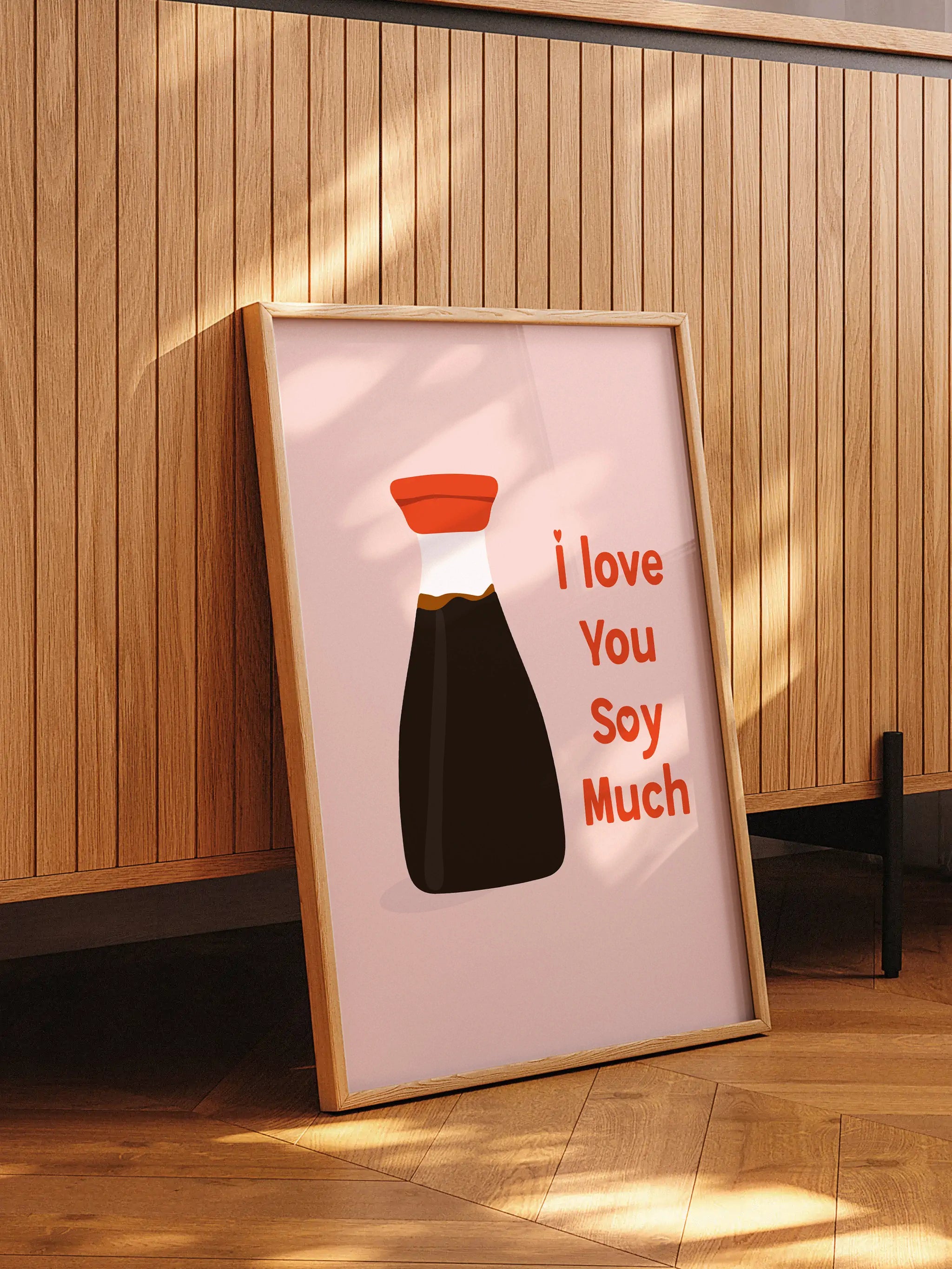 Funny food pun wall art featuring a soy sauce bottle and playful typography.